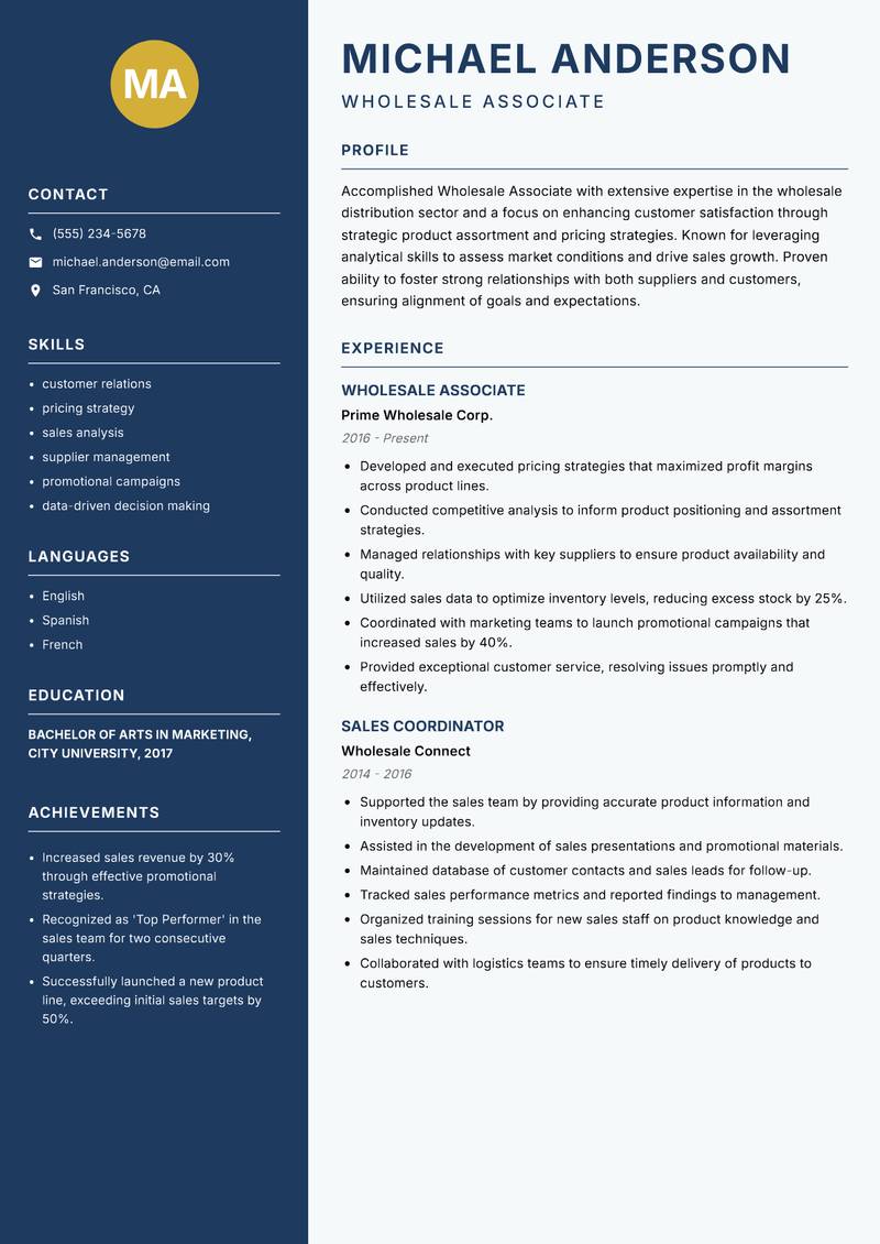 Wholesale Associate resume sample — Wholesale Associate focus
