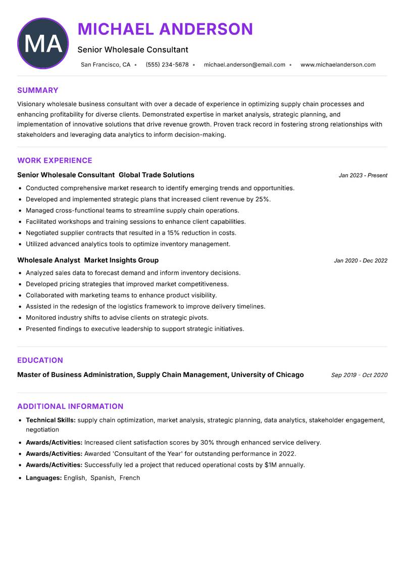 Wholesale Business Consultant resume example