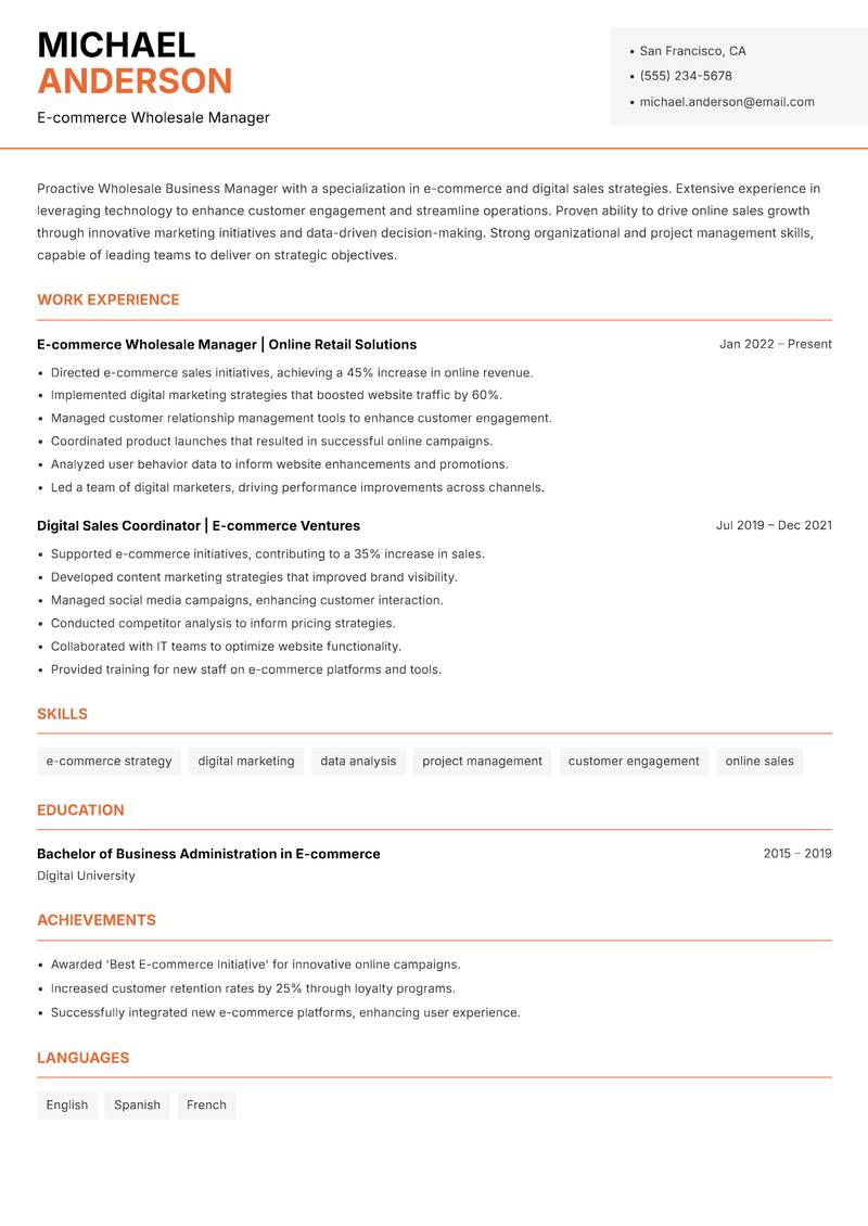 Wholesale Business Manager resume sample — E-commerce Wholesale Manager focus