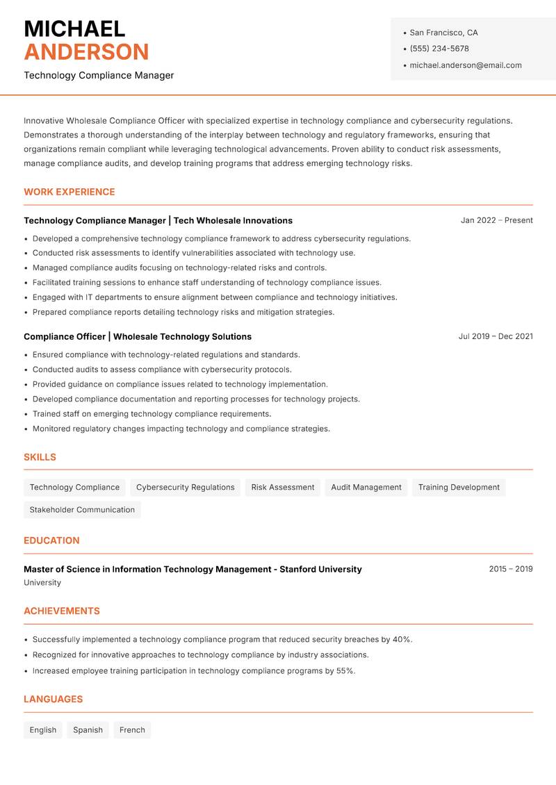 Wholesale Compliance Officer resume sample — Technology Compliance Manager focus