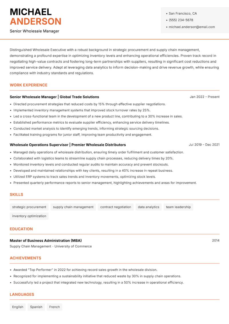Wholesale Executive resume sample — Senior Wholesale Manager focus