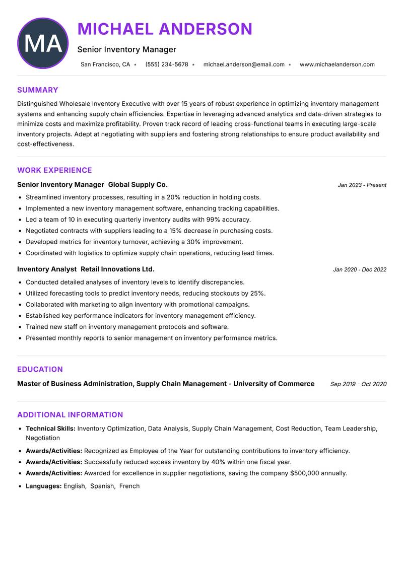 Wholesale Inventory Executive resume example