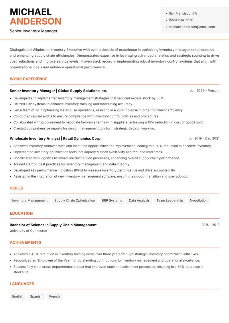 Wholesale Inventory Executive resume sample — Senior Inventory Manager focus