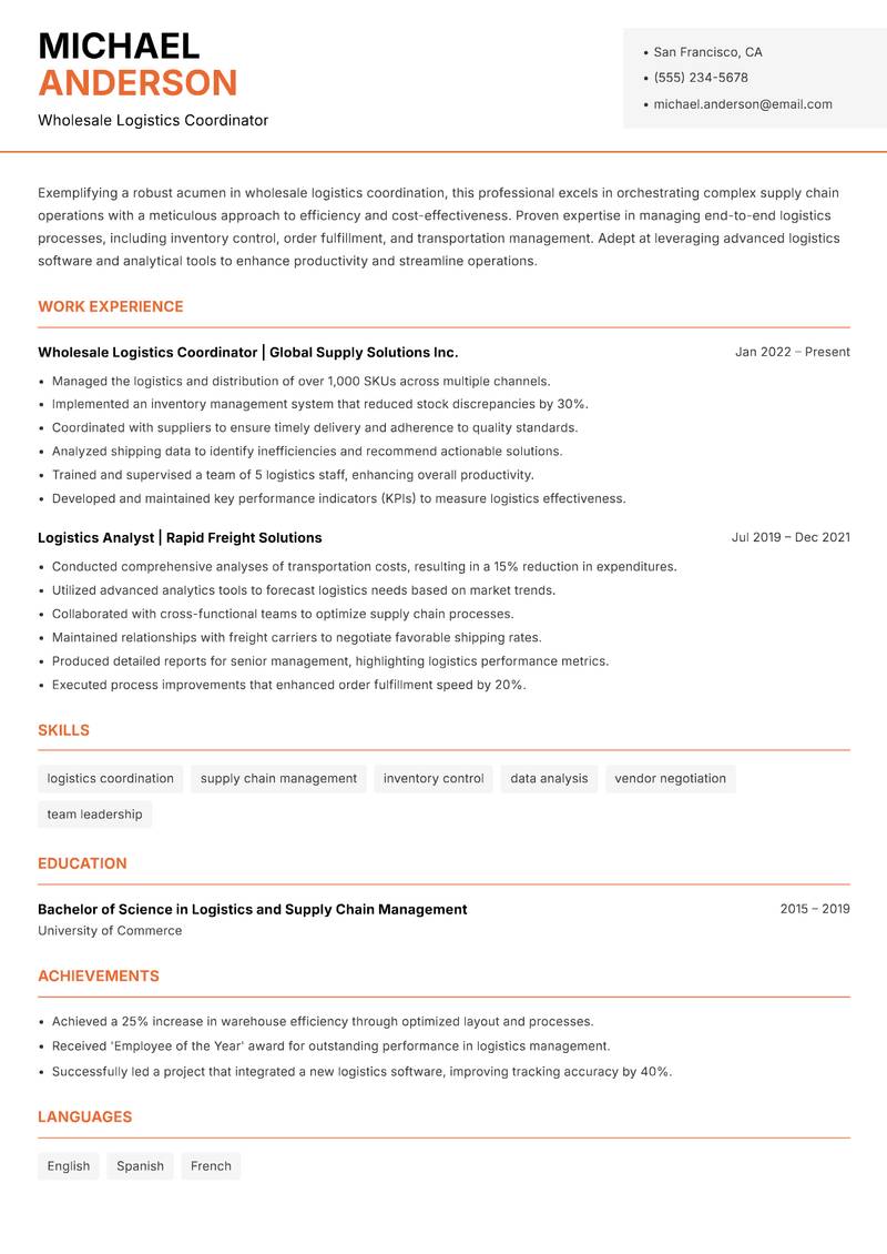Wholesale Logistics Coordinator resume sample — Wholesale Logistics Coordinator focus