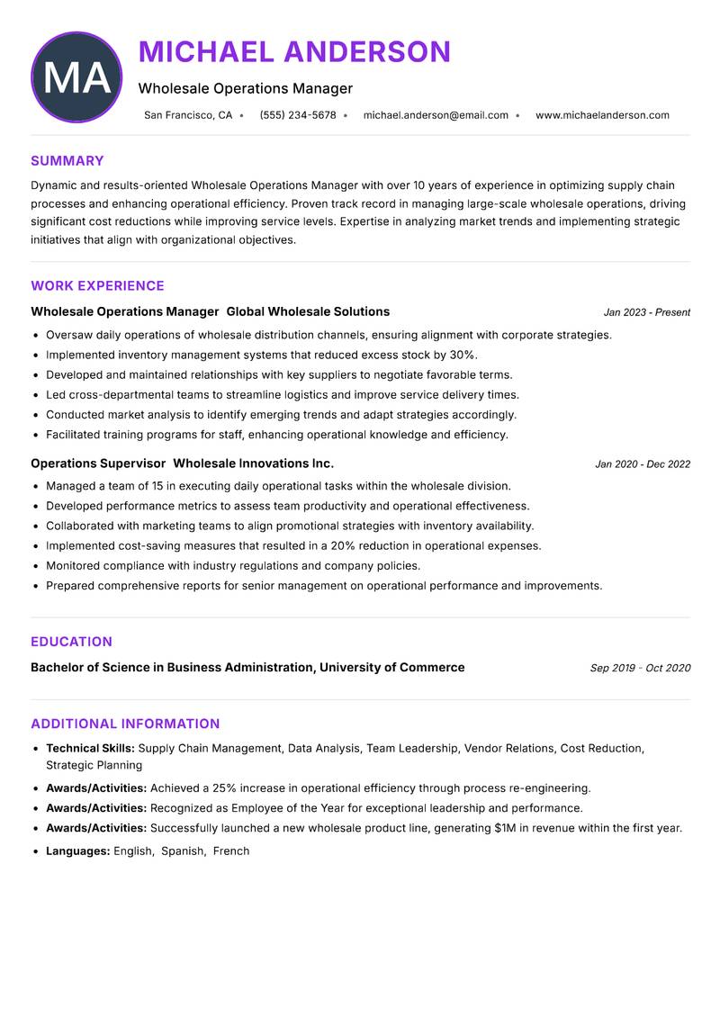 Wholesale Operations Manager resume example