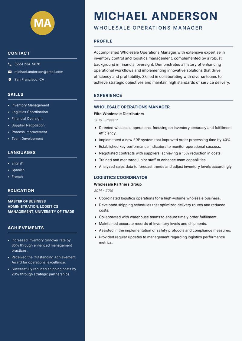 Wholesale Operations Manager resume sample — Wholesale Operations Manager focus