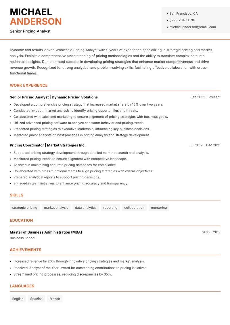 Wholesale Pricing Analyst resume sample — Senior Pricing Analyst focus