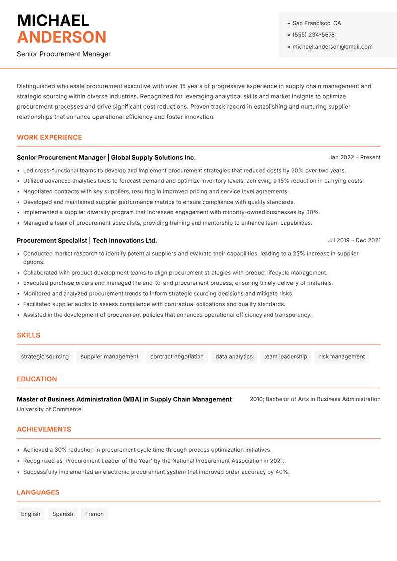 Wholesale Procurement Executive resume sample — Senior Procurement Manager focus