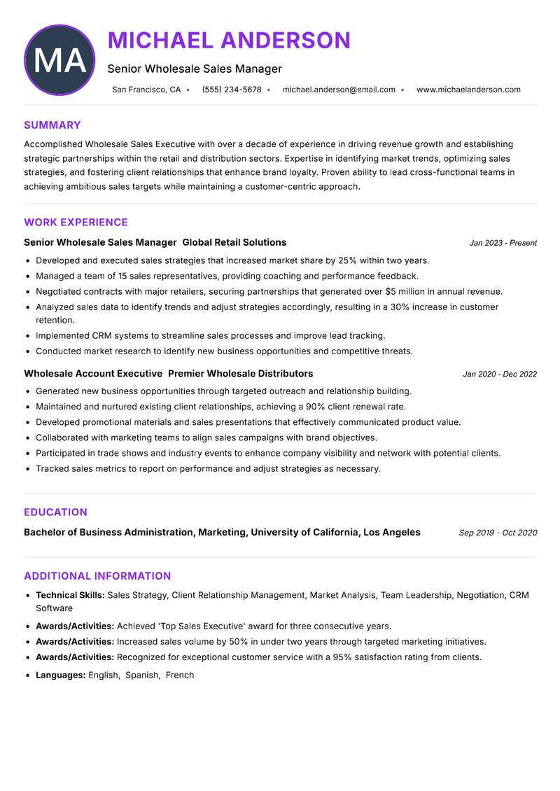 Wholesale Sales Executive resume example