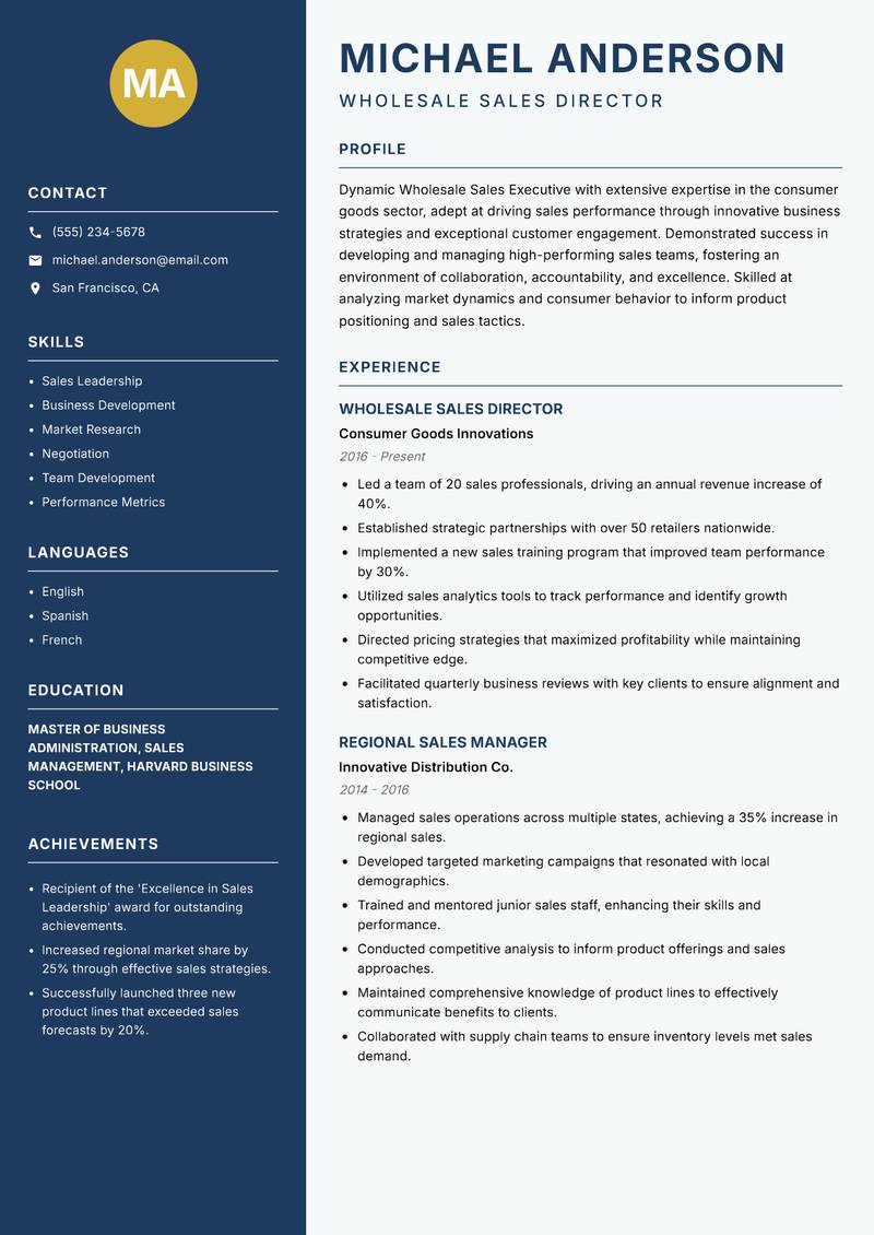 Wholesale Sales Executive resume sample — Wholesale Sales Director focus