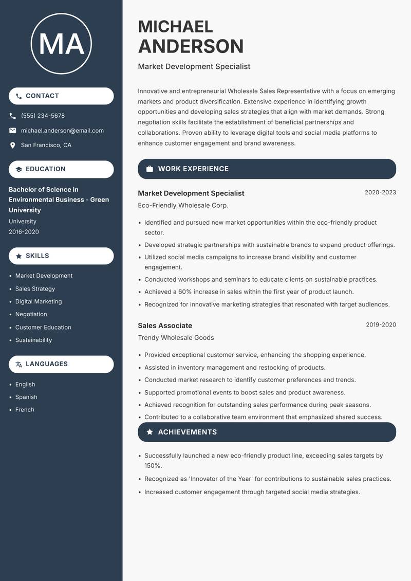 Wholesale Sales Representative resume sample — Market Development Specialist focus