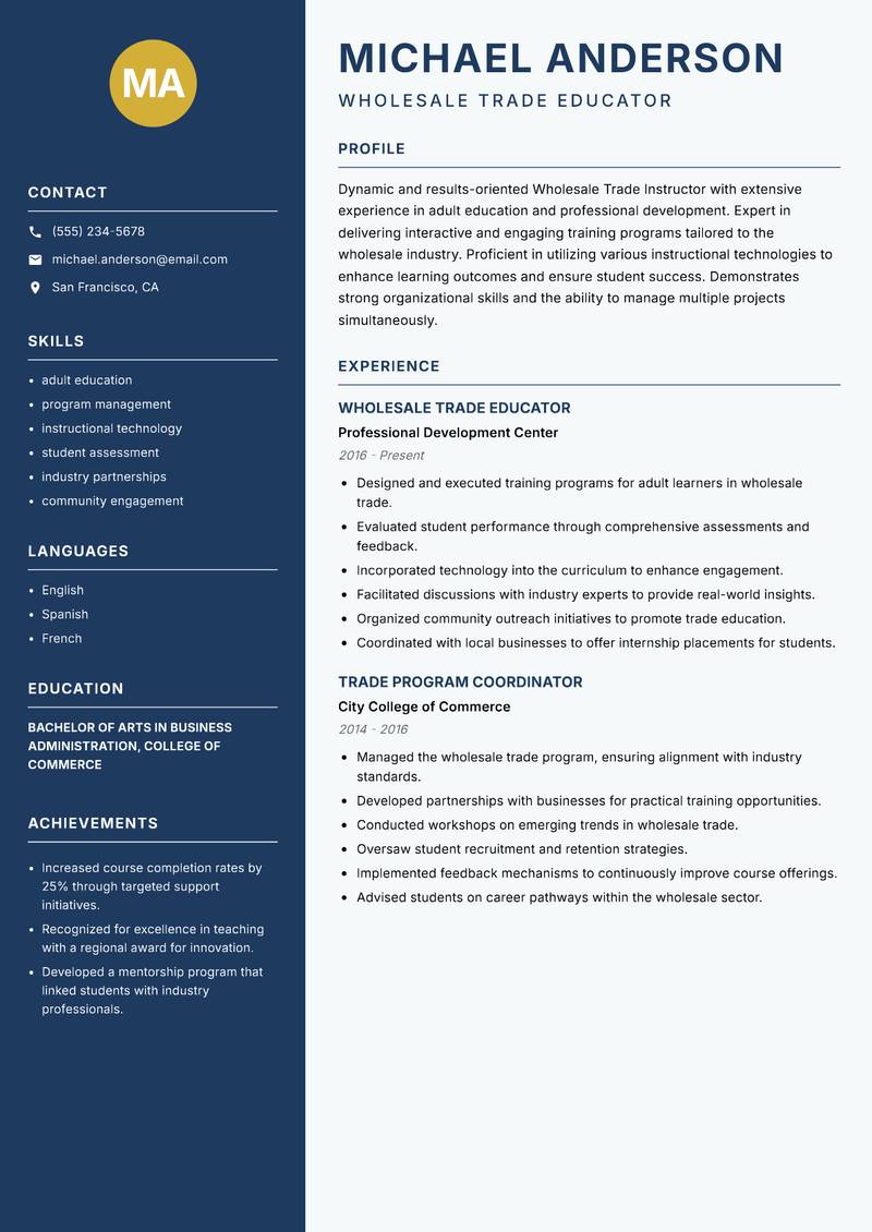 Wholesale Trade Instructor resume sample — Wholesale Trade Educator focus
