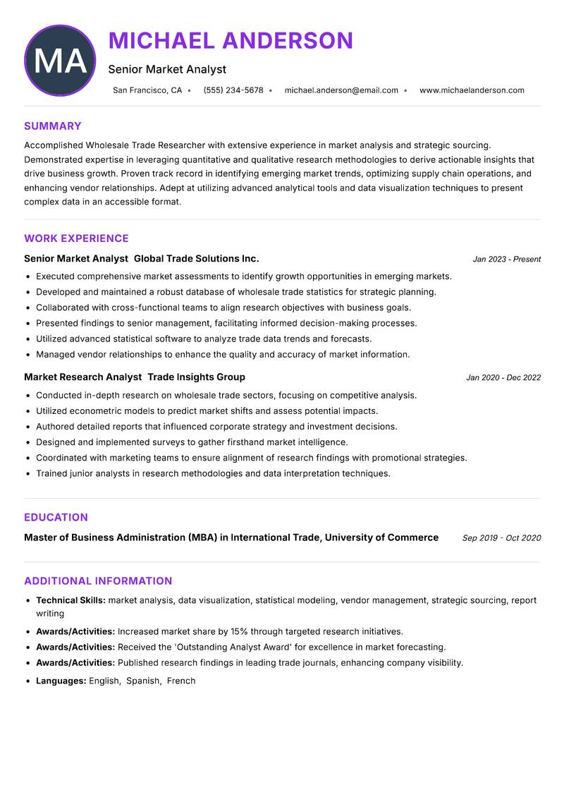 Wholesale Trade Researcher resume example