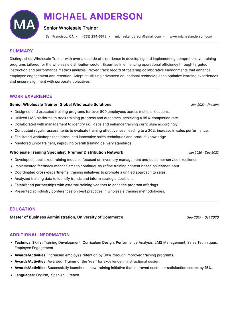 Wholesale Trainer resume example
