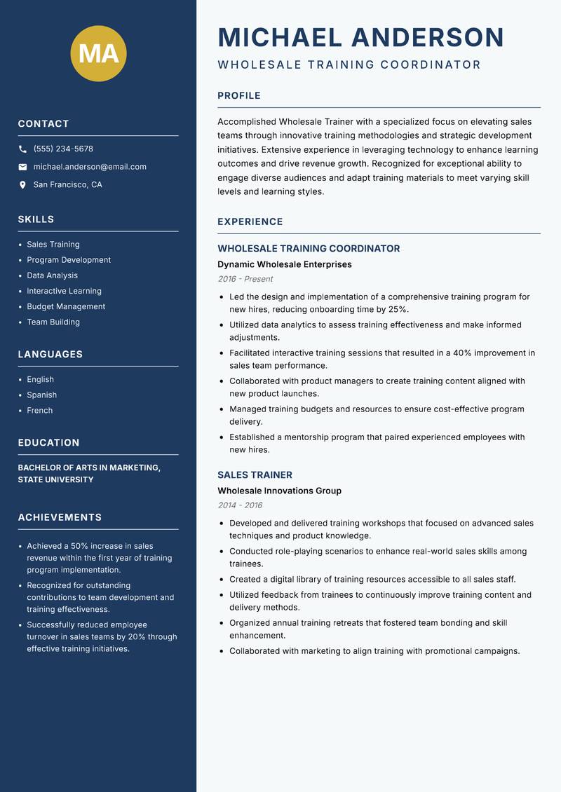 Wholesale Trainer resume sample — Wholesale Training Coordinator focus