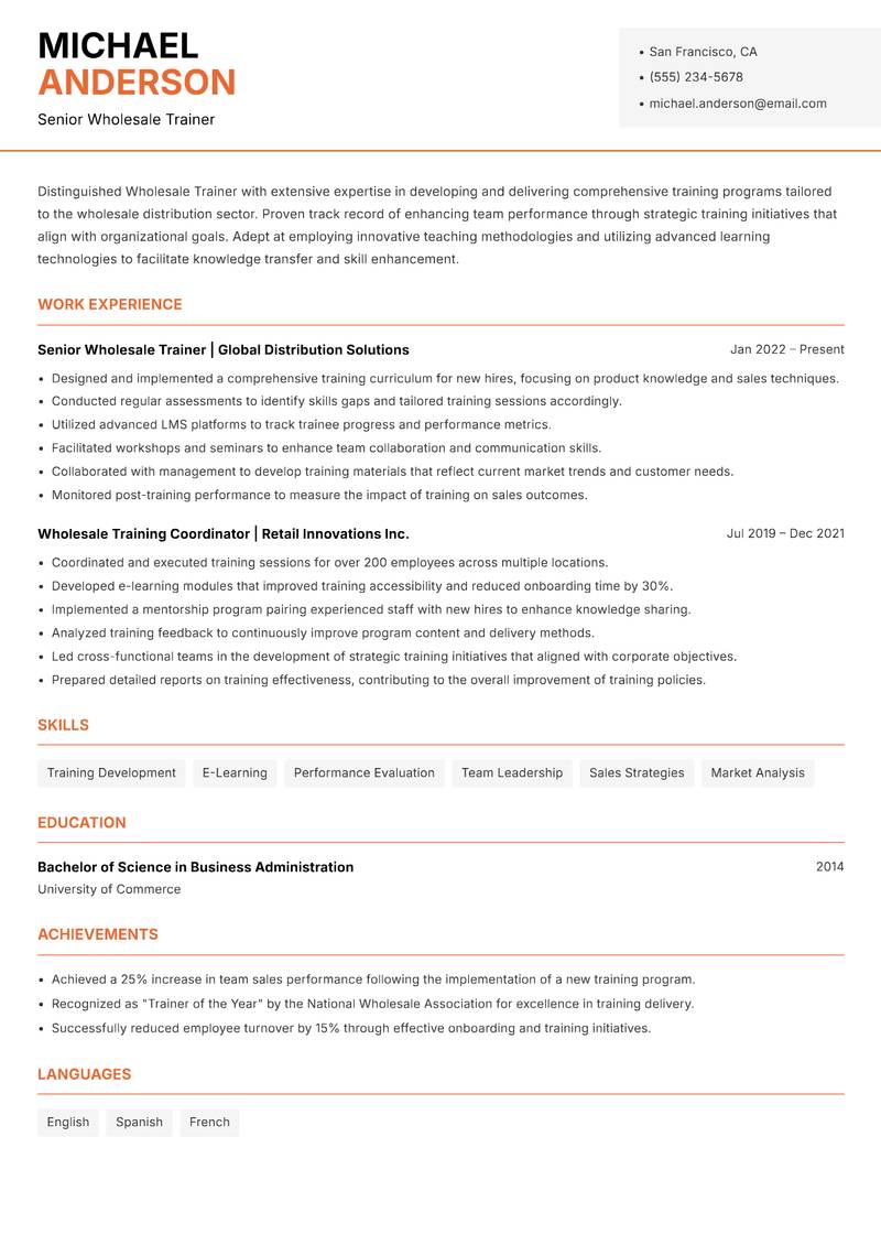 Wholesale Trainer resume sample — Senior Wholesale Trainer focus