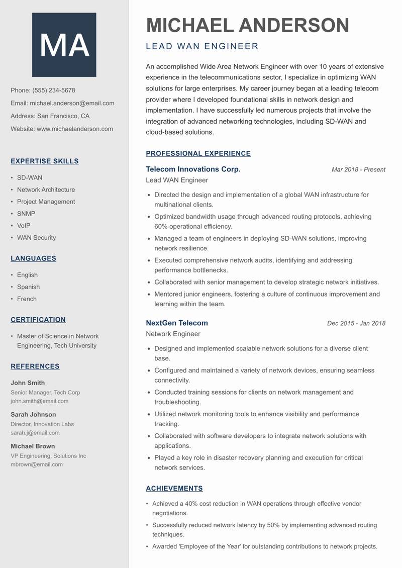 Wide Area Network Engineer resume sample — Lead WAN Engineer focus