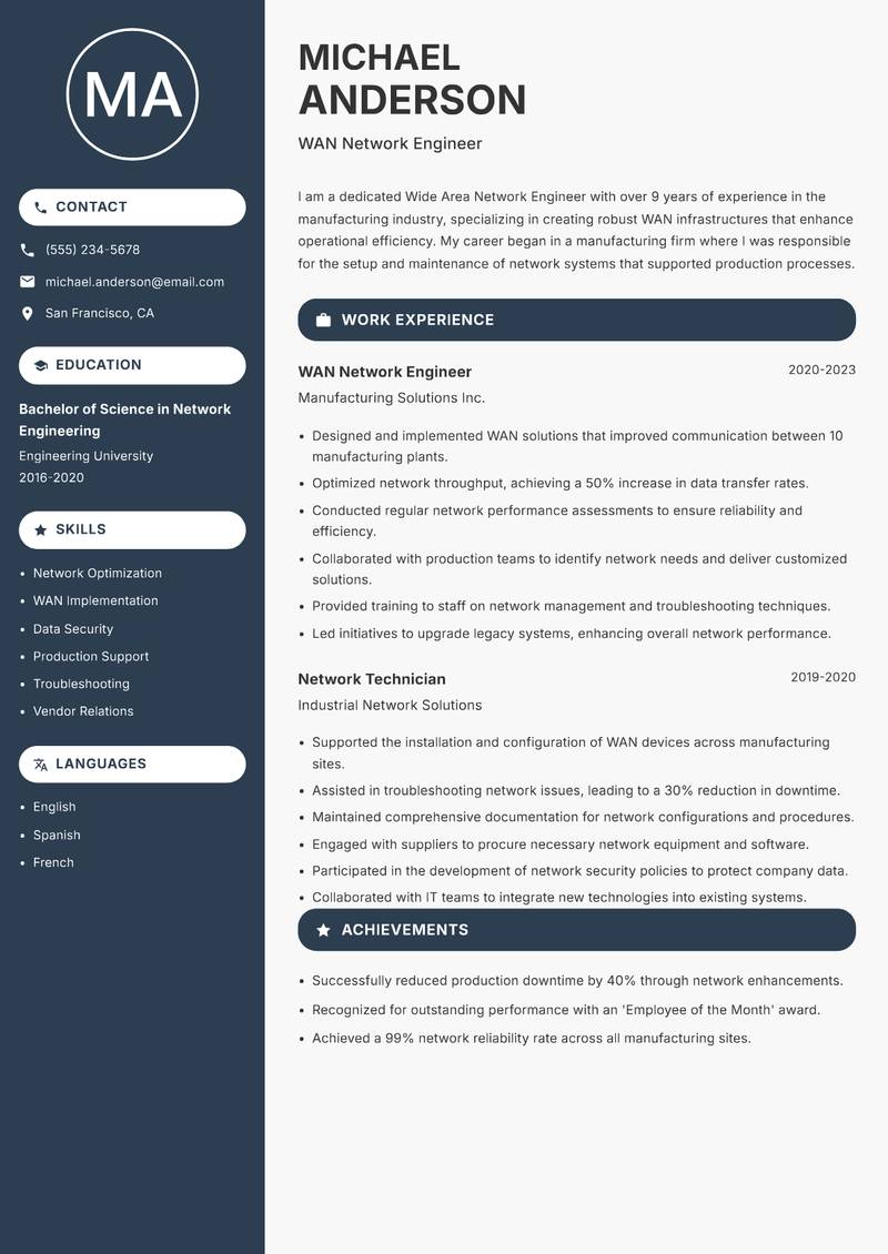 Wide Area Network Engineer resume sample — WAN Network Engineer focus