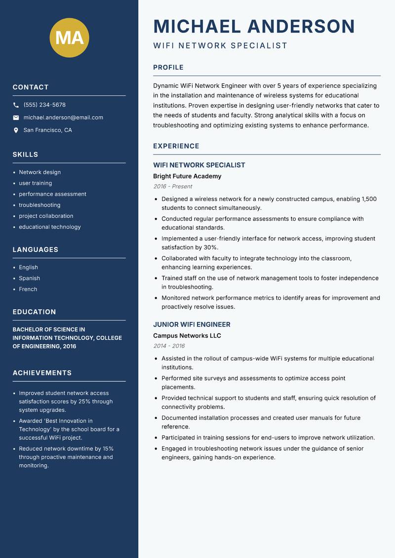 WiFi Network Engineer resume sample — WiFi Network Specialist focus