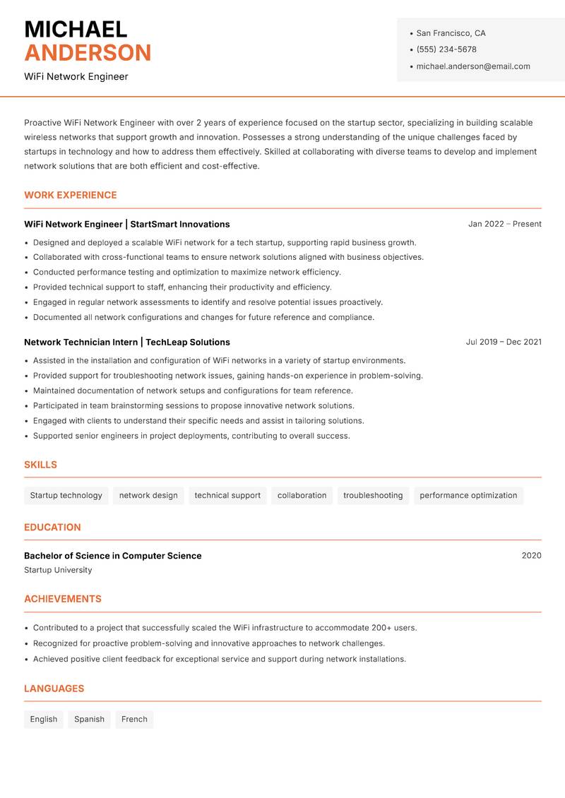 WiFi Network Engineer resume sample — WiFi Network Engineer focus