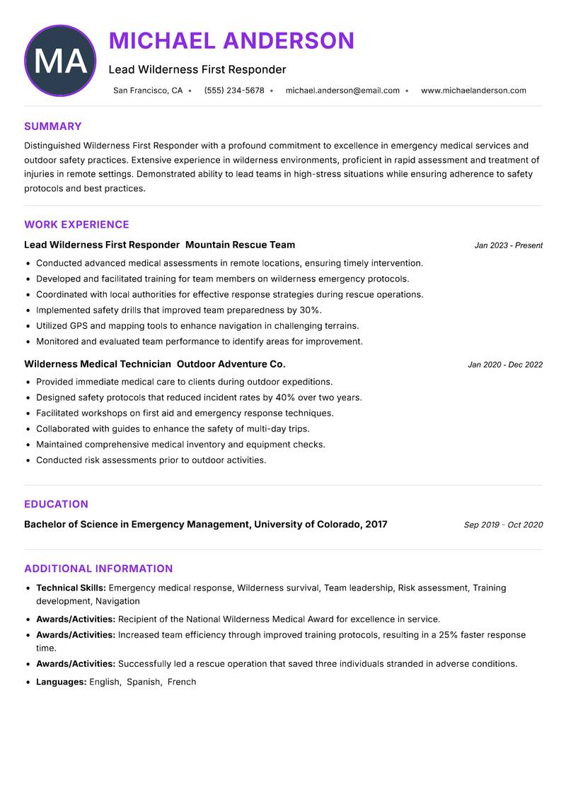Wilderness First Responder resume example