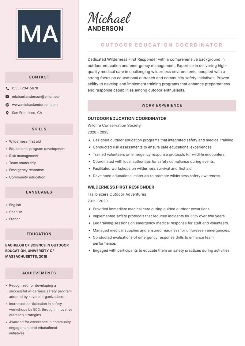 Wilderness First Responder resume sample — Outdoor Education Coordinator focus