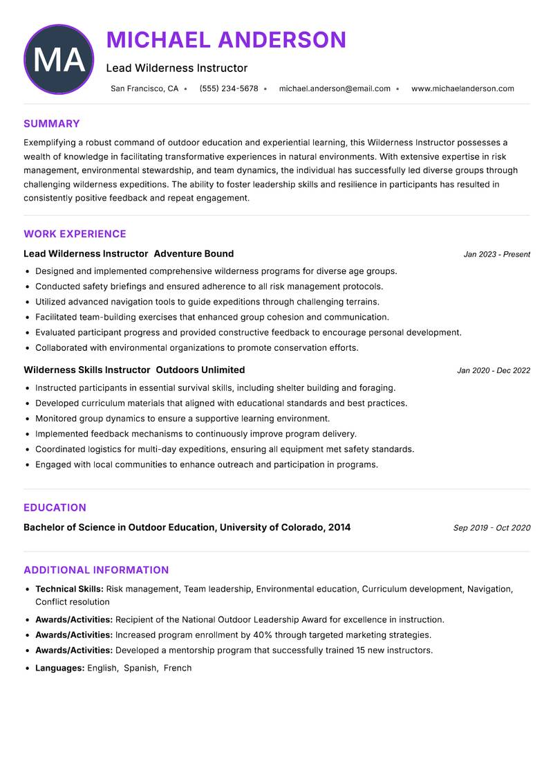 Wilderness Instructor resume example