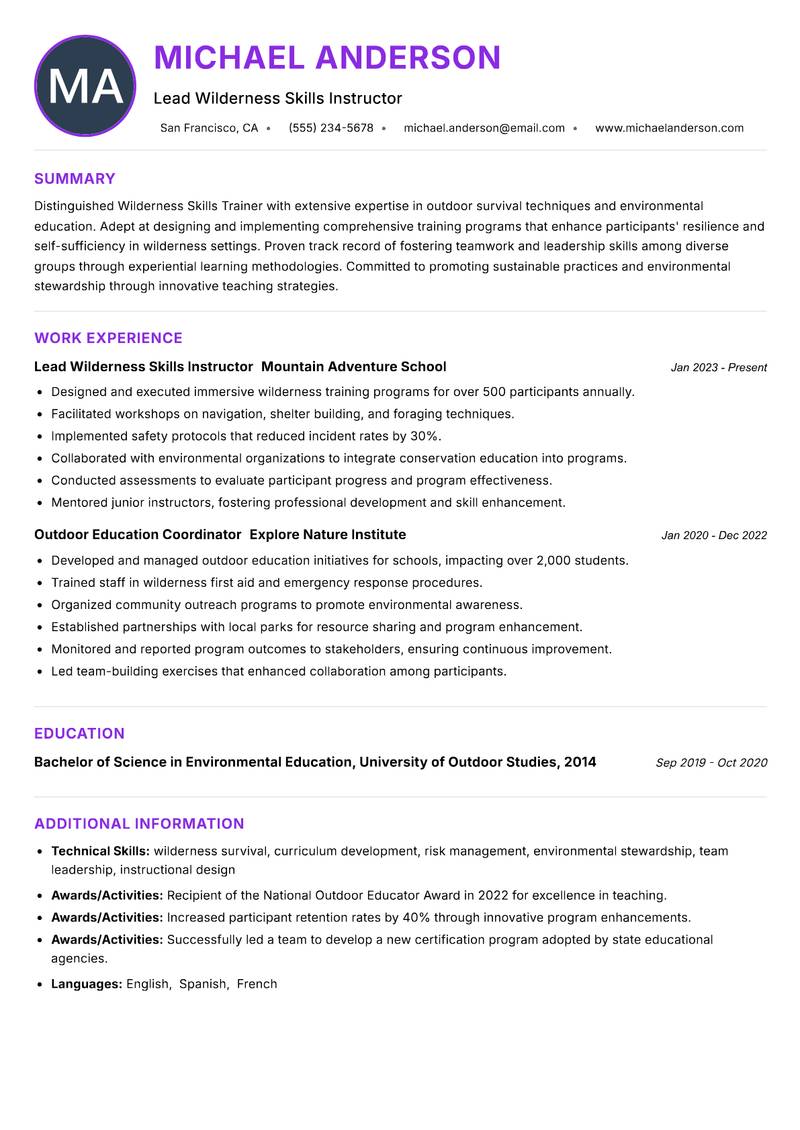 Wilderness Skills Trainer resume example