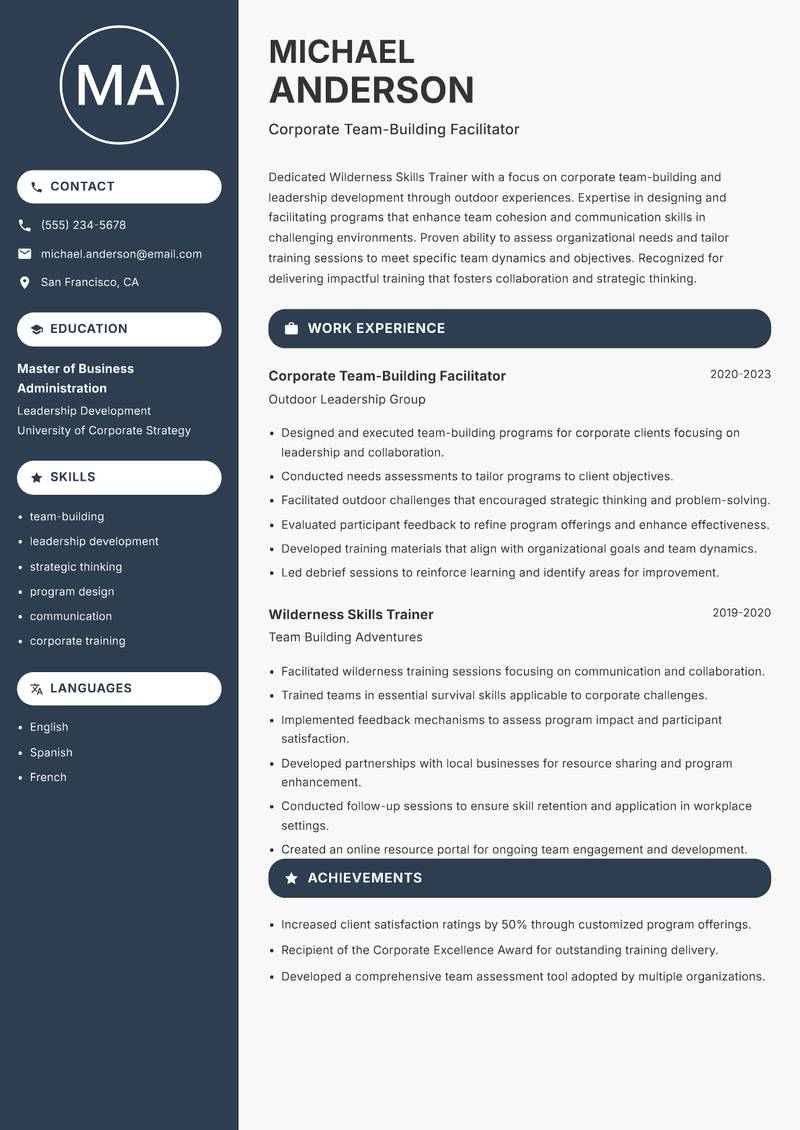 Wilderness Skills Trainer resume sample — Corporate Team-Building Facilitator focus