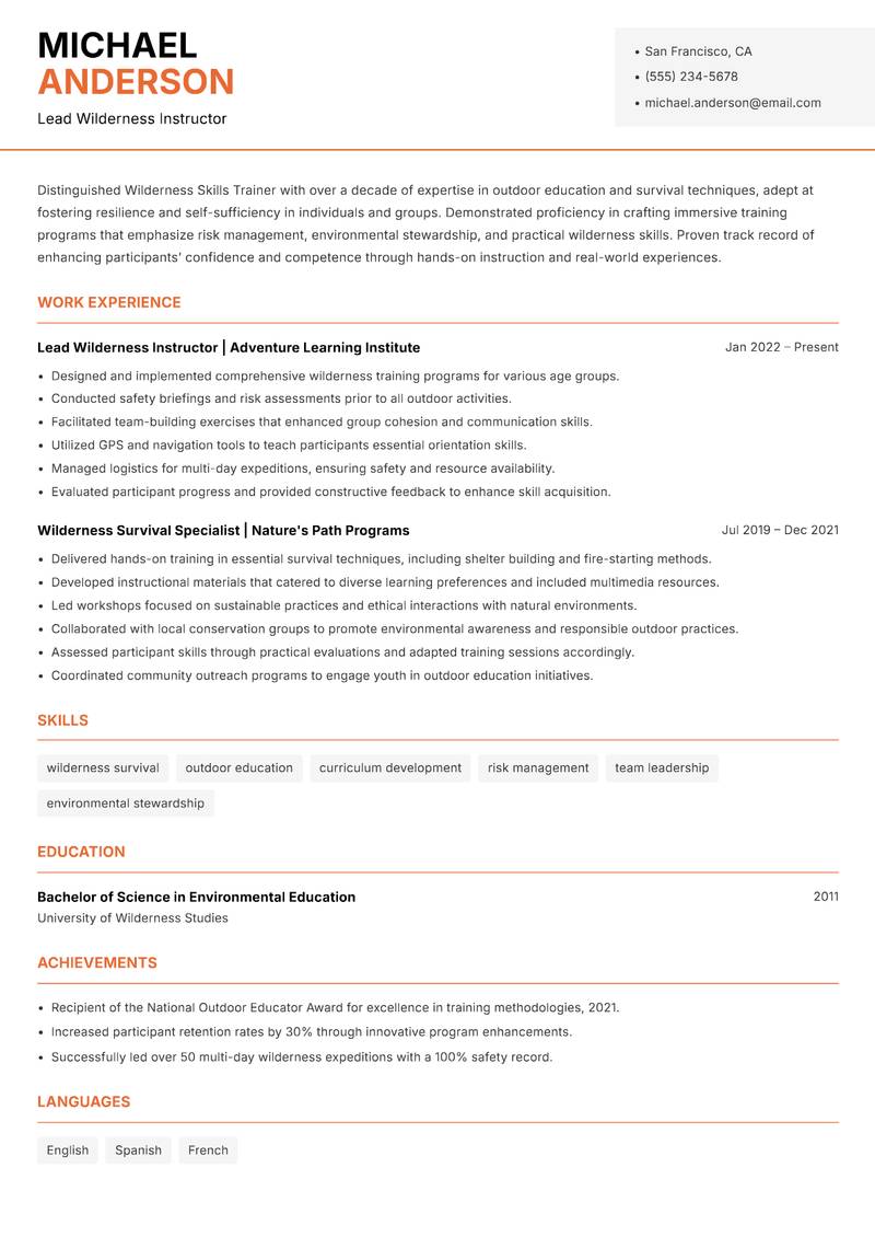 Wilderness Skills Trainer resume sample — Lead Wilderness Instructor focus