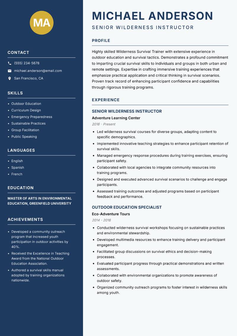 Wilderness Survival Trainer resume sample — Senior Wilderness Instructor focus