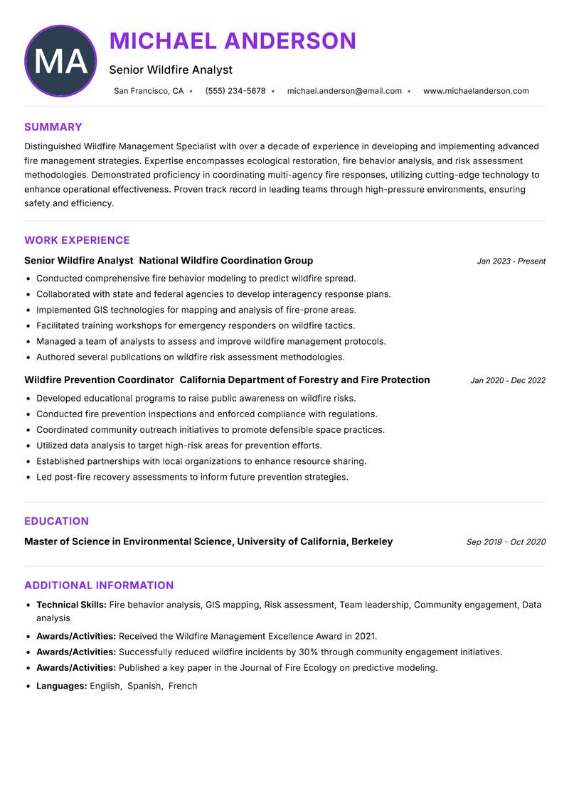 Wildfire Management Specialist resume example