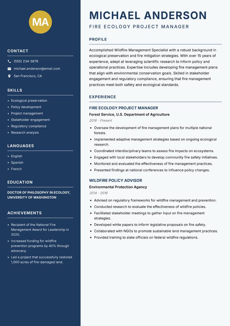 Wildfire Management Specialist resume sample — Fire Ecology Project Manager focus
