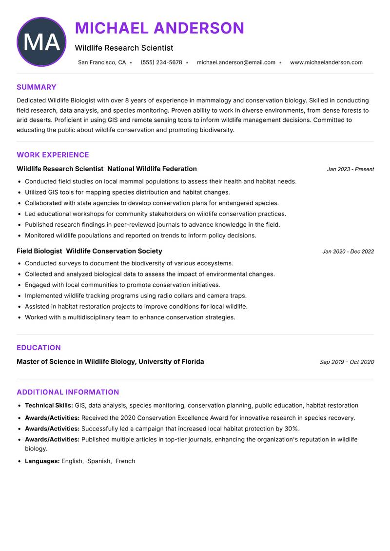 Wildlife Biologist resume example