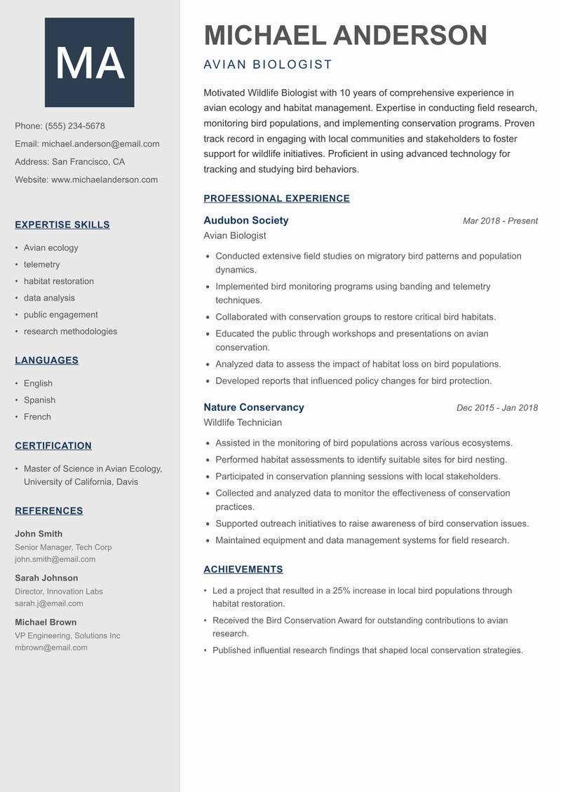 Wildlife Biologist resume sample — Avian Biologist focus