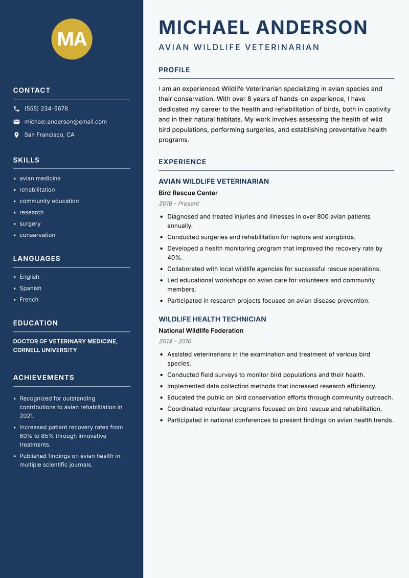Wildlife Veterinarian resume sample — Avian Wildlife Veterinarian focus