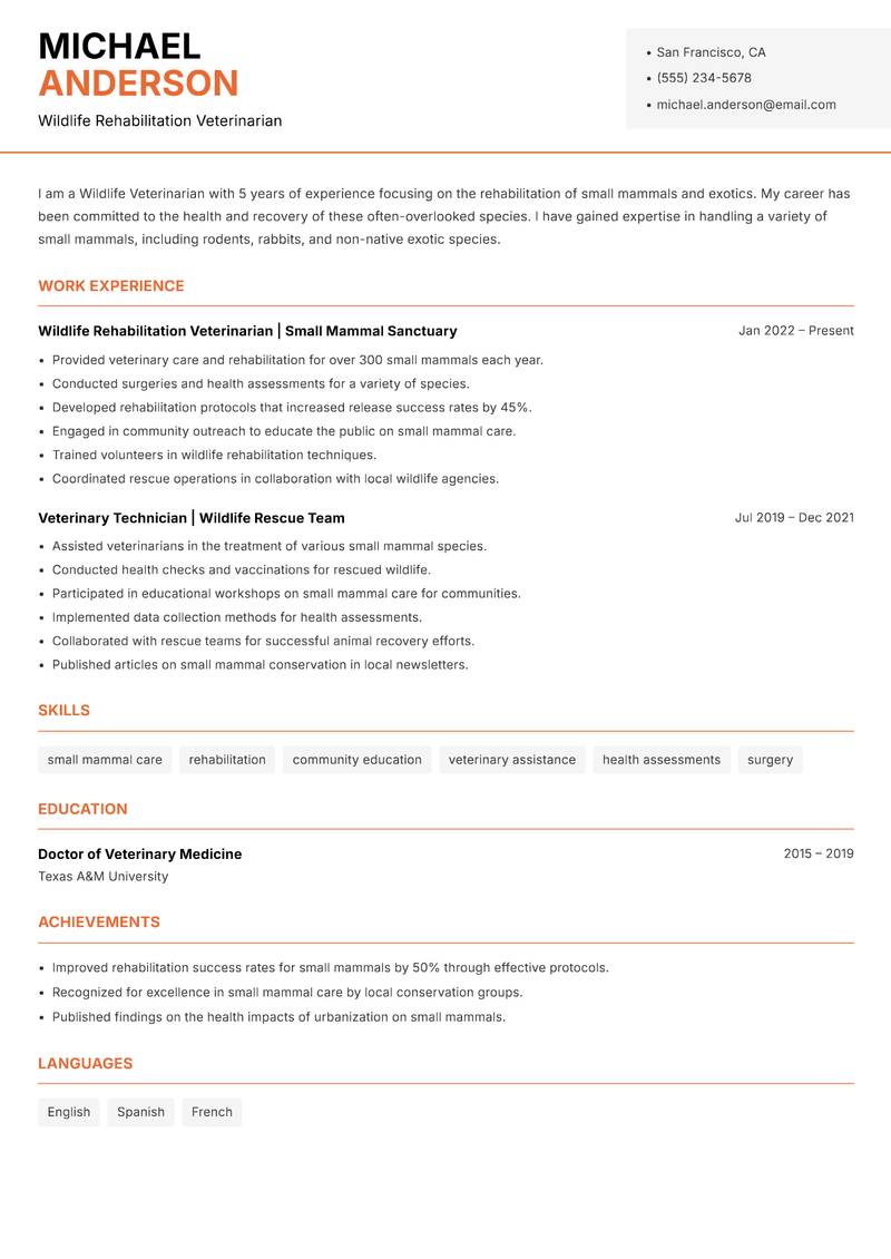 Wildlife Veterinarian resume sample — Wildlife Rehabilitation Veterinarian focus