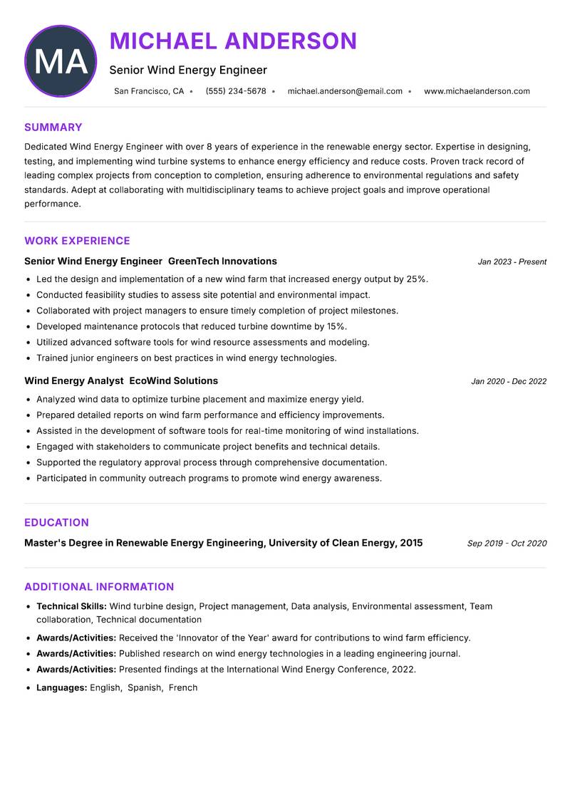 Wind Energy Engineer resume example