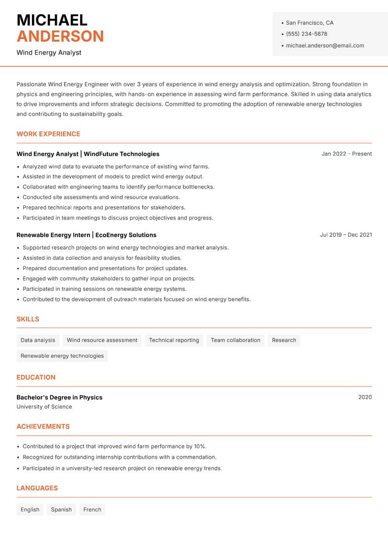 Wind Energy Engineer resume sample — Wind Energy Analyst focus