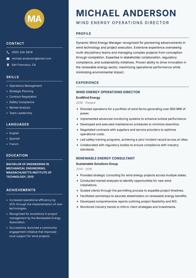 Wind Energy Manager resume sample — Wind Energy Operations Director focus