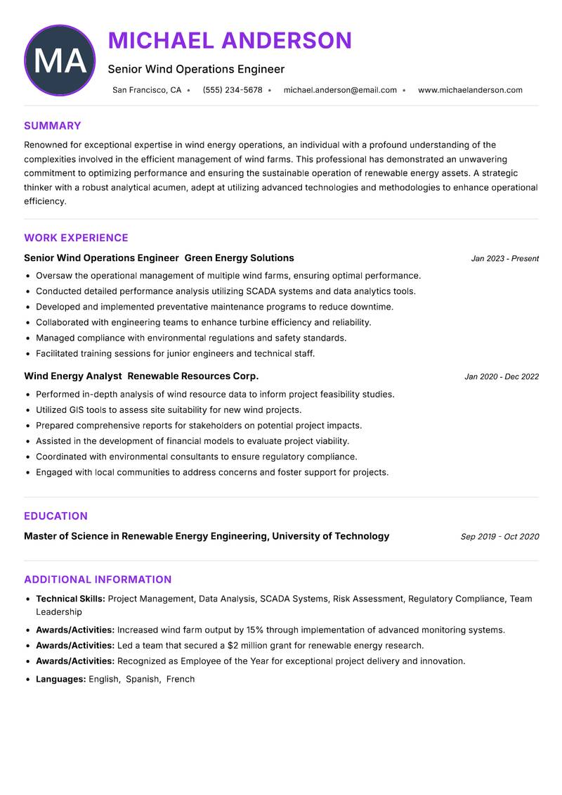 Wind Operations Engineer resume example