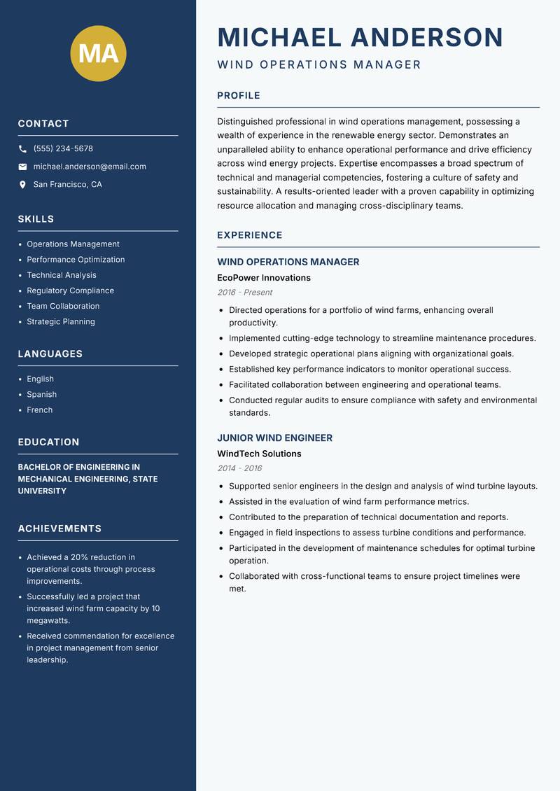 Wind Operations Engineer resume sample — Wind Operations Manager focus
