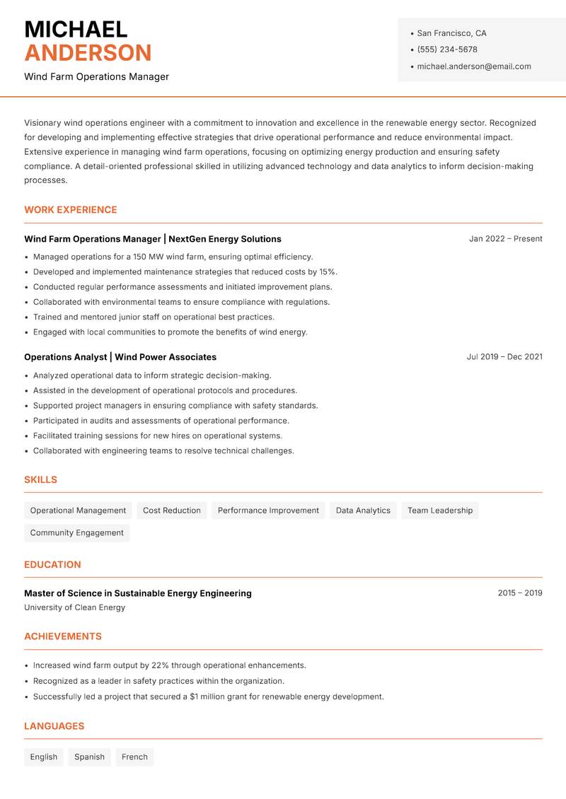 Wind Operations Engineer resume sample — Wind Farm Operations Manager focus