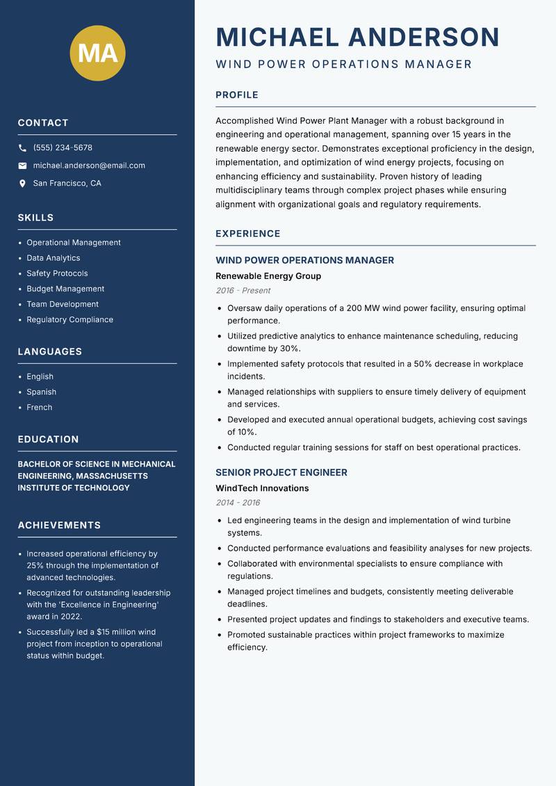 Wind Power Plant Manager resume sample — Wind Power Operations Manager focus