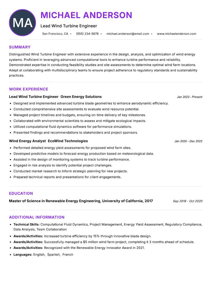 Wind Turbine Engineer resume example