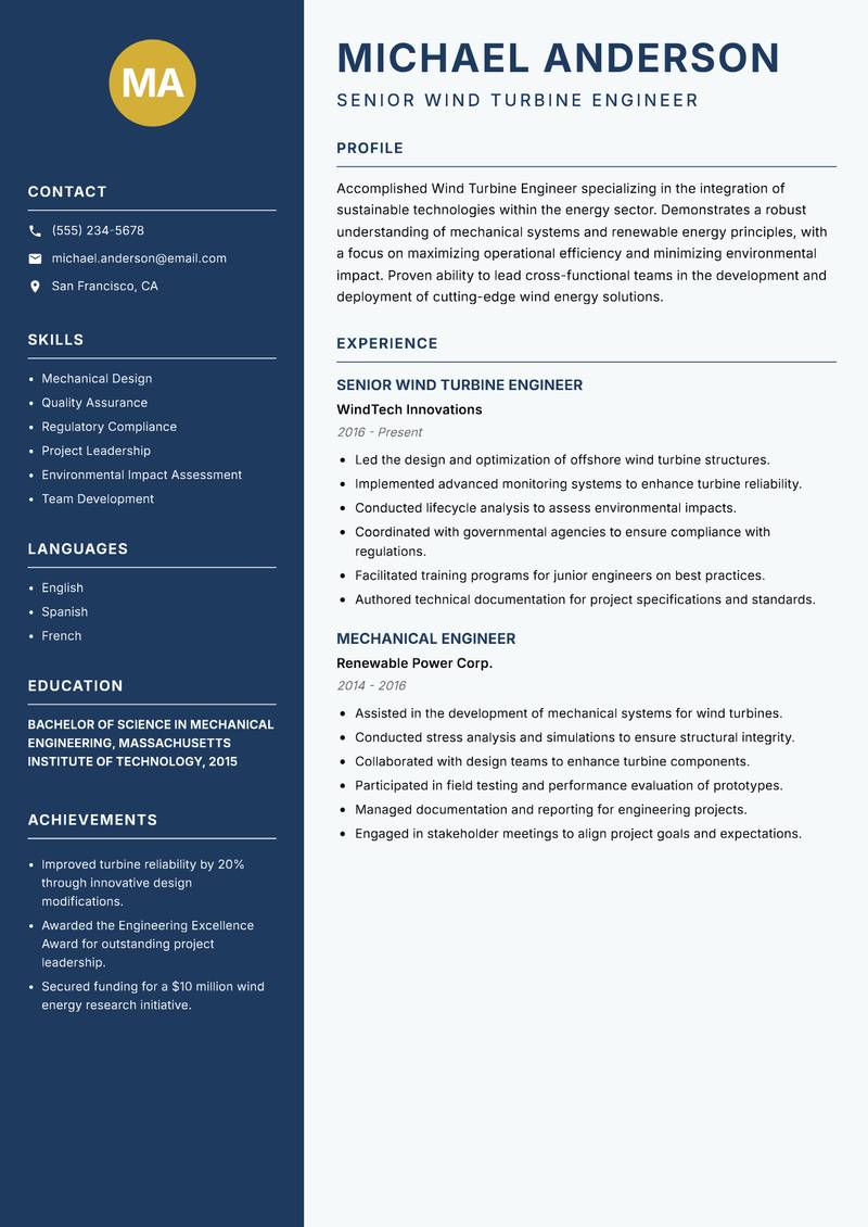 Wind Turbine Engineer resume sample — Senior Wind Turbine Engineer focus