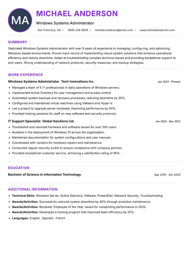 Windows Systems Administrator resume example