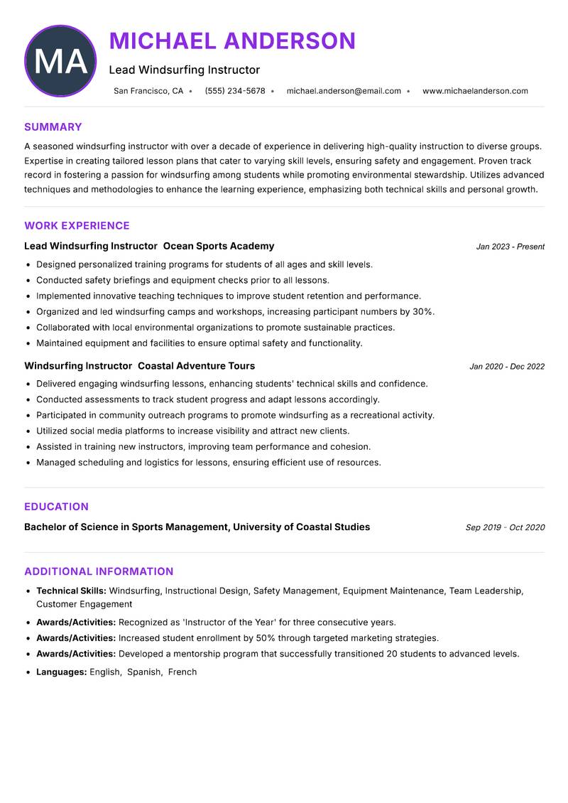 Windsurfing Instructor resume example