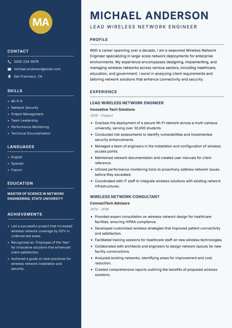 Wireless Network Engineer resume sample — Lead Wireless Network Engineer focus