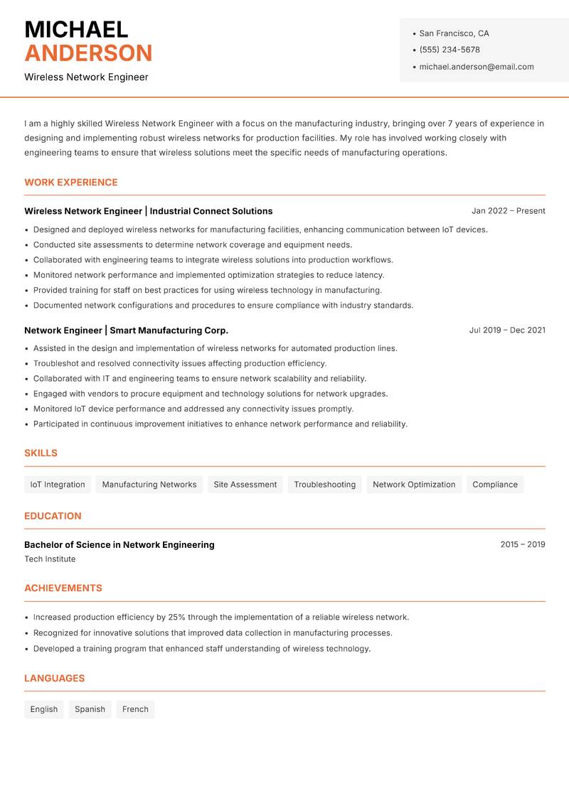 Wireless Network Engineer resume sample — Wireless Network Engineer focus